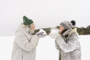 Frauen mit Strickmützen, die sich gegenseitig mit Schnee bewerfen - SEAF01865