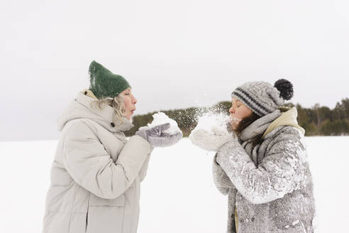 Frauen mit Strickmützen, die sich gegenseitig mit Schnee bewerfen - SEAF01865