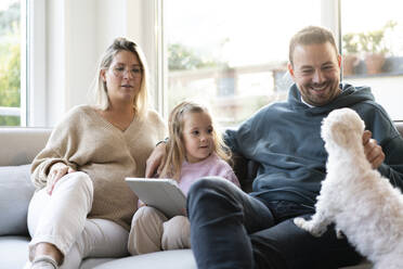 Happy family playing with dog sitting on sofa at home - MOEF04476