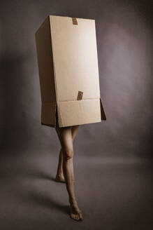 Woman inside cardboard box in studio - JATF01362