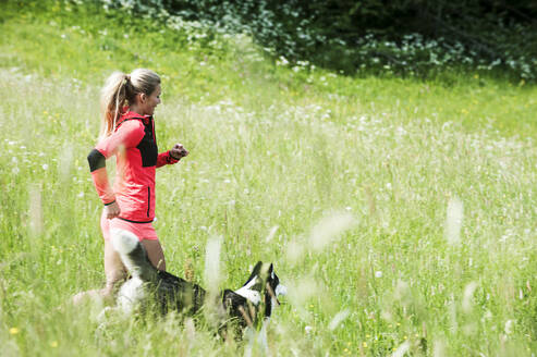 Woman running with dog in green field in sunny day - HHF05831