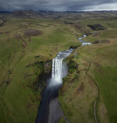 Aerial view of Skogafoss waterfall, Southern Region, Iceland. - AAEF17714