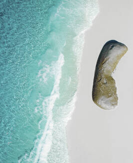 Aerial view of a rock on Nanarup little beach, Albany, Western Australia, Australia. - AAEF17743