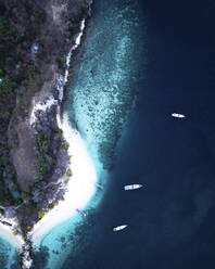 Aerial view of the beautiful coastline with white sand beach at Pink Beach on Komodo Island, Indonesia. - AAEF17756