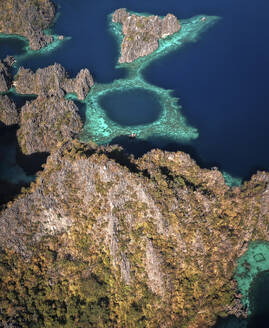 Aerial view of Twin Lagoons on Coron Island, Bayan ng Coron, Palawan, Philippines. - AAEF17784