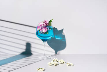 Glasflasche Schatten der blauen farbigen Flüssigkeit in der Nähe von Glas mit erfrischenden Cocktail mit Eis und Blumen auf dem Tisch gegen weißen Hintergrund platziert - ADSF43729