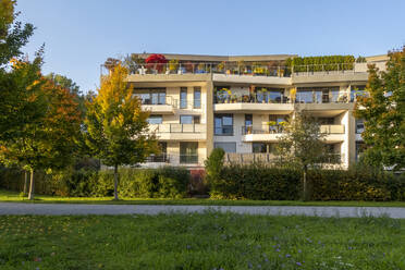 Germany, Bavaria, Munich, Balconies of modern apartment building - MAMF02760