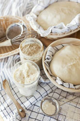 Bread Dough and ingredients resting in basket on table - ONAF00462