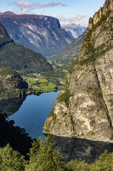 Aurlandsdalen, with Vassbygdi lake, and Aurlandsfjord in the distance, part of Sognefjord, Norway, Scandinavia, Europe - RHPLF23761