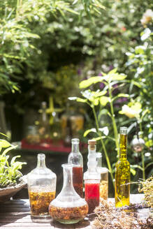 Frische Glasflaschen mit Öl und Essig am Tisch im Garten - HHF05837