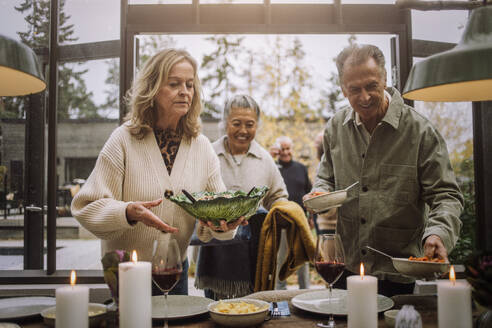 Male and female senior friends helping each other while setting table during dinner party - MASF36264