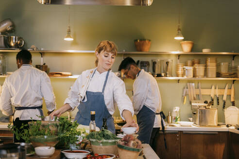 Young female chef preparing food with colleagues in commercial kitchen - MASF36343