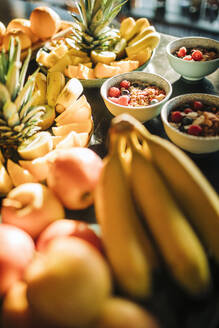 Auswahl an frischem Obst und Frühstück auf dem Tisch im Retreat Center - MASF36388