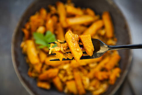 Fork against bowl of rice with vegan meat and tomato sauce - LVF09311