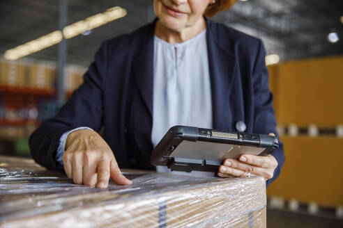 Manager mit Tablet-PC bei der Prüfung im Lager - IKF00078