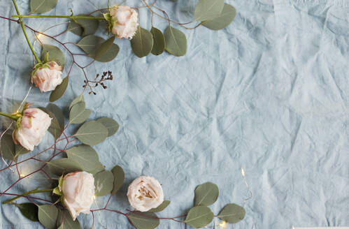 Frische rosa Rosen Blumen und Eukalyptusblätter Dekoration mit String Licht auf blauem Stoff - ONAF00498