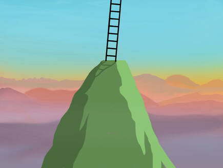 Illustration einer Leiter auf einem grünen Berggipfel - GWAF00130