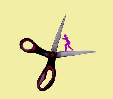 Illustration of woman standing on scissor blade - GWAF00138