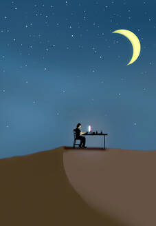 Illustration einer Geschäftsfrau bei der Arbeit auf einer Sanddüne bei Nacht - GWAF00139