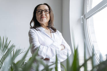 Smiling businesswoman with arms crossed at the window - OSF01528