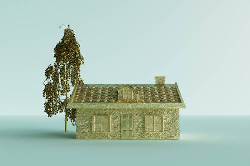 Dreidimensionales Rendering eines goldfarbenen Hauses vor blauem Hintergrund - GCAF00282