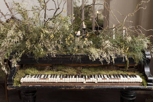 Altes Klavier mit Zweigen und Moos dekoriert in Loftwohnung - ONAF00499