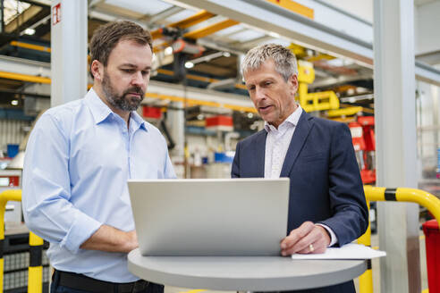 Geschäftsmann und Manager diskutieren über Laptop in einer Fabrik - DIGF20019