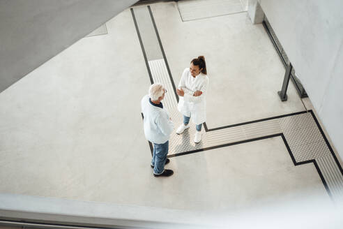 Young doctor discussing with senior colleague standing in hospital lobby - MOEF04579