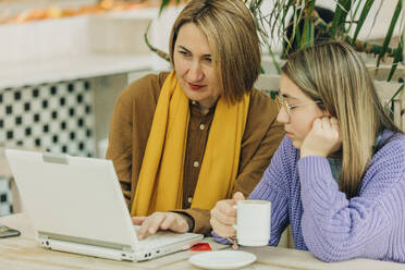 Mother sharing laptop with daughter holding coffee cup at cafe - VSNF00738