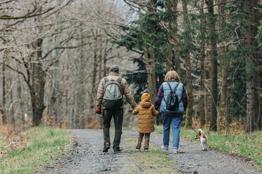 Junge mit Großeltern und Hund auf einem Wanderweg im Wald - VSNF00750