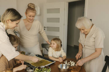 Mehrgenerationenfamilie beim gemeinsamen Kochen zu Hause - VIVF00638