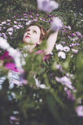 Woman day dreaming lying amidst daisies in field - SVCF00381