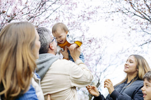 Glücklicher Mann kitzelt Sohn mit Familie im Park - JJF00942