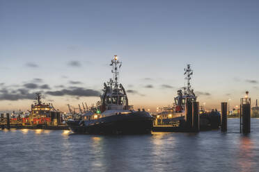 Germany, Hamburg, Boats moored in harbor at dawn - KEBF02722