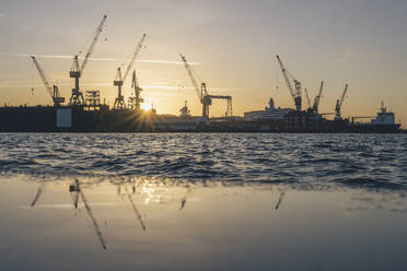 Germany, Hamburg, Cranes of Port of Hamburg at sunrise - KEBF02723