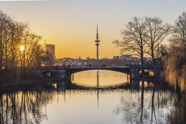 Germany, Hamburg, Schwanenwikbrucke at sunset - KEBF02733