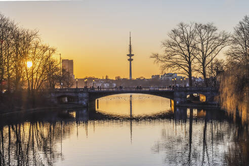 Germany, Hamburg, Schwanenwikbrucke at sunset - KEBF02733