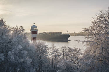 Deutschland, Hamburg, Vereiste Bäume vor dem Leuchtturm Wittenbergen im Winter mit Containerschiff im Hintergrund - KEBF02746