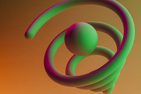 3D render of green sphere and spiral floating against orange background - GCAF00284