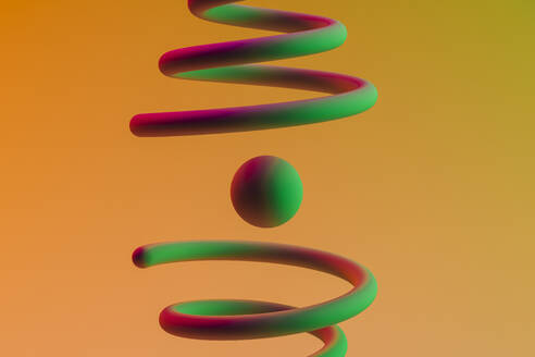 3D-Rendering einer grünen Kugel, die zwischen zwei Spiralen schwebt - GCAF00287