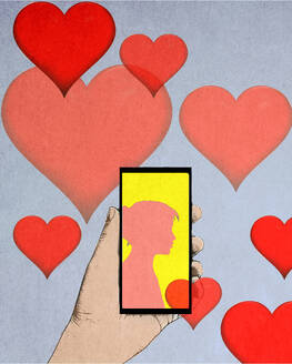 Illustration von Herzen, die über der Hand einer Person schweben, die ein Smartphone hält, das die Silhouette einer Frau zeigt - GWAF00144