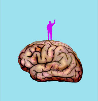 Illustration eines Mannes, der auf einem großen Gehirn steht - GWAF00151