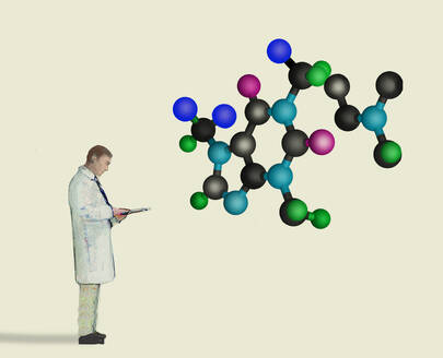 Illustration eines Wissenschaftlers, der übergroße Moleküle untersucht - GWAF00153