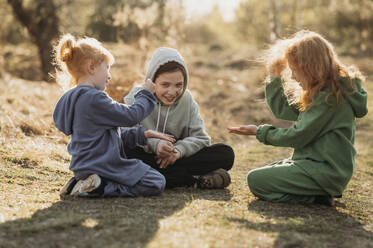 Kinder spielen auf einer Lichtung im Wald an einem sonnigen Tag - ANAF01358