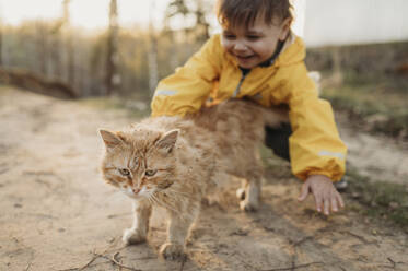 Junge spielt mit Katze im Wald - ANAF01372