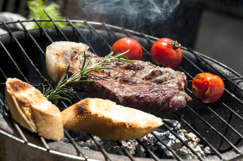 Fleisch, Tomaten und Baguettescheiben auf dem Grill - HHF05877