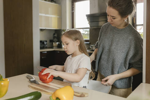 Mutter mit Tochter schneidet rote Paprika in der Küche zu Hause - VIVF00803