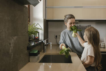 Mother smelling Bok Choy held by daughter in kitchen at home - VIVF00804