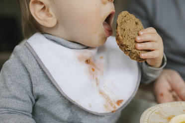 Baby boy with messy bib eating bread at home - VIVF00846