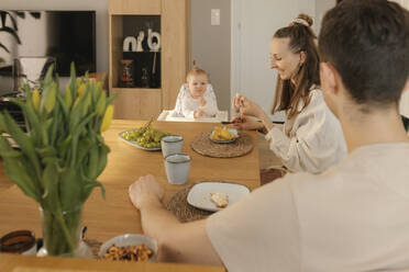 Familie beim gemeinsamen Essen am Esstisch - VIVF00881